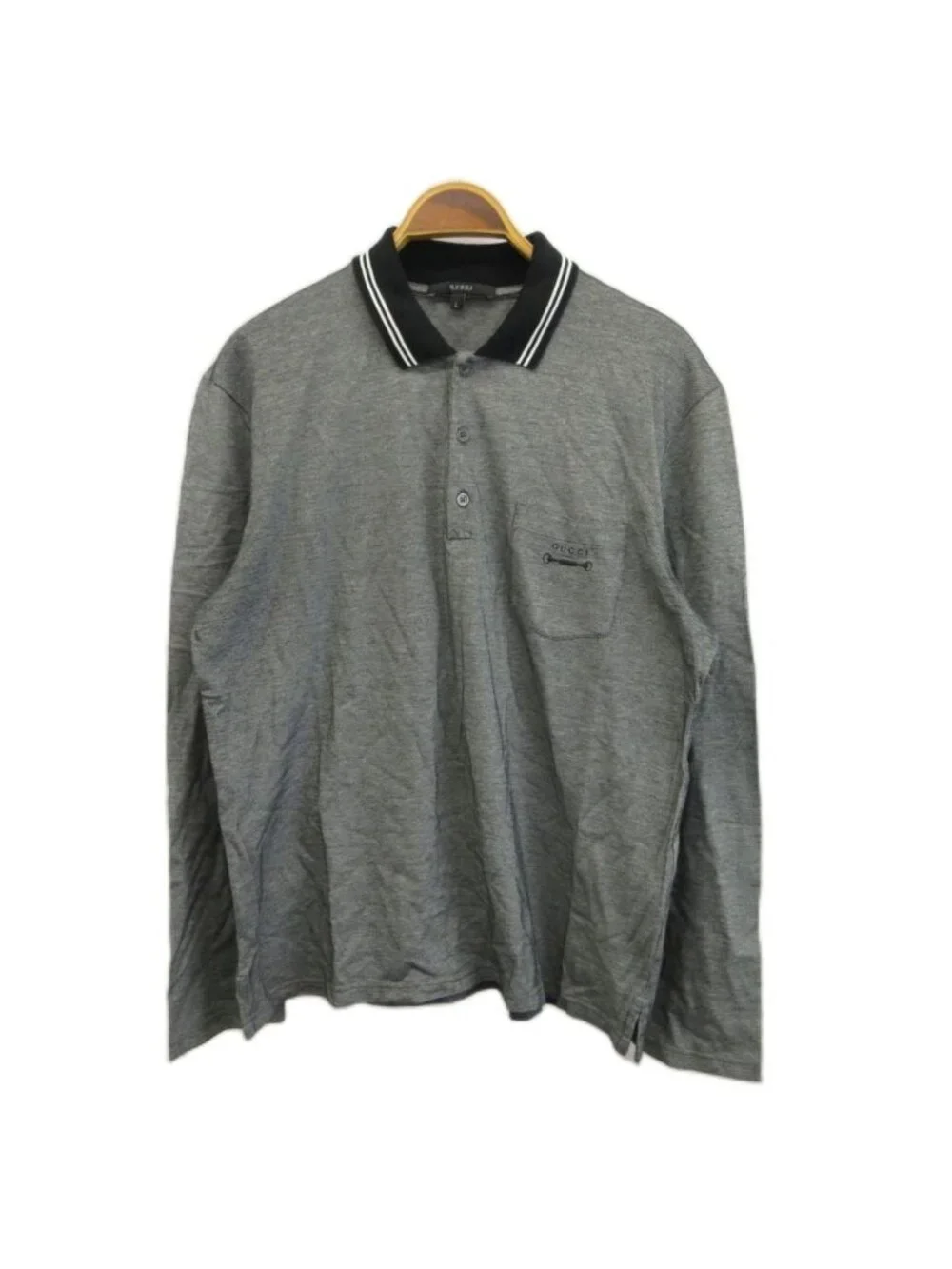 Gucci Polo Shirt Long Sleeve Black Embroidery Pocket Ribbed Collar NP